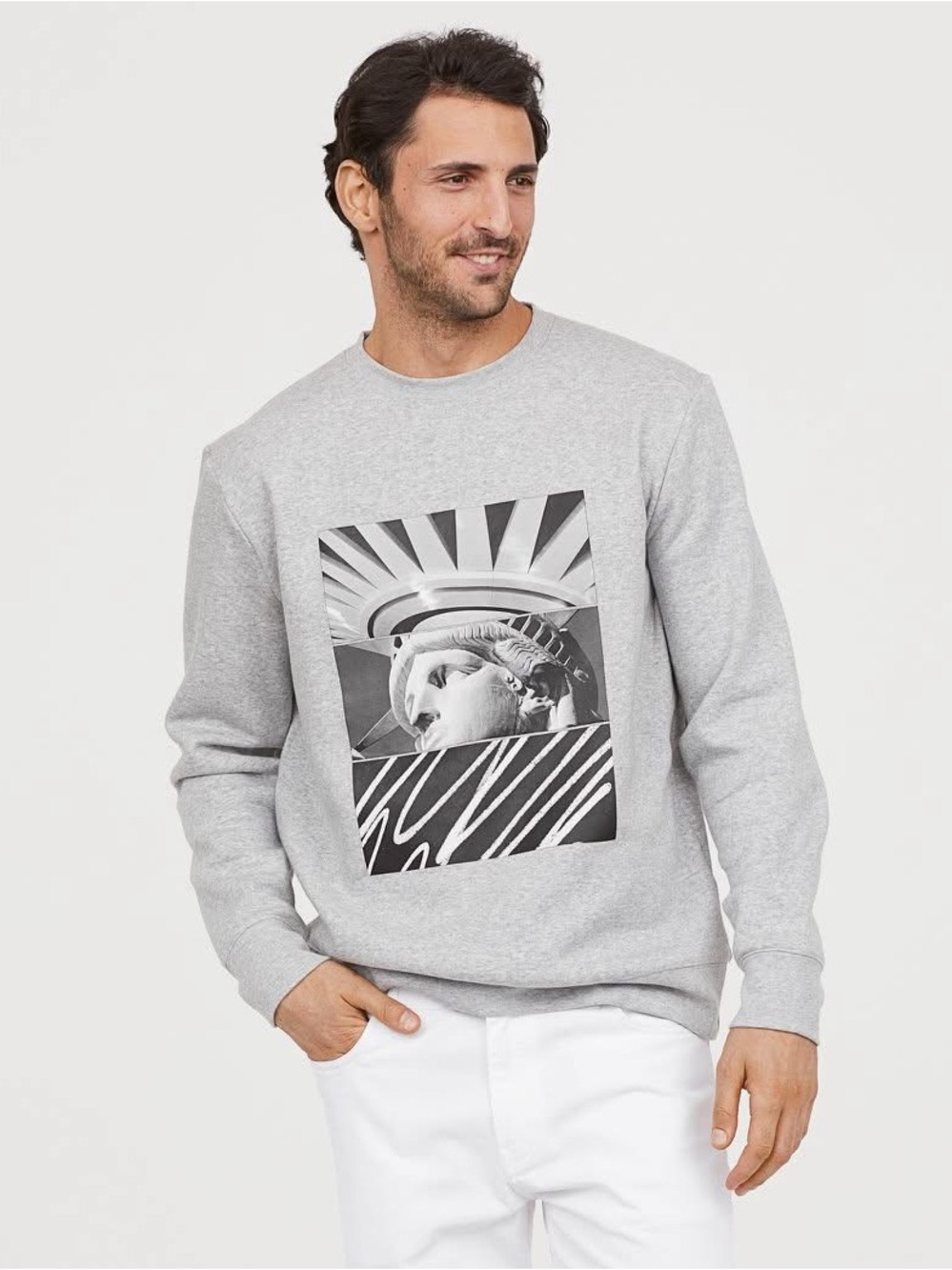 H&M Lady Liberty Crewneck Sweatshirt S 20.5” p2p Heather Gray EUC